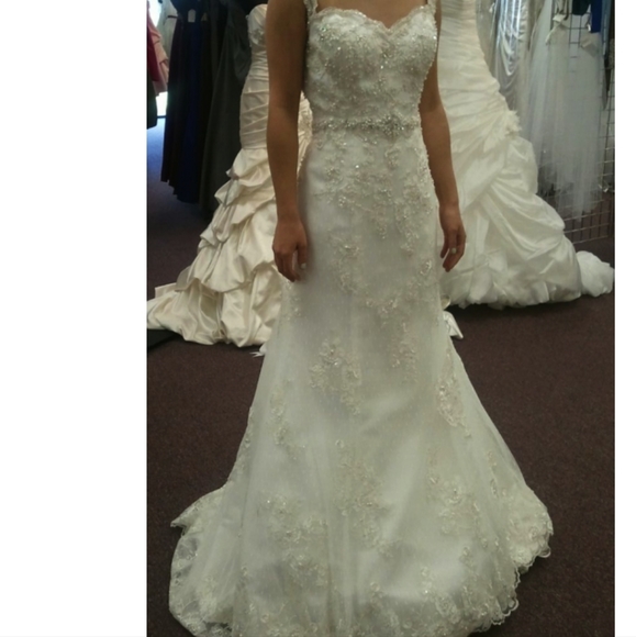 'Alfred Angelo Sapphire' Ivory Lace Beaded Mermaid Sillhoutte Wedding Gown - Picture 12 of 16